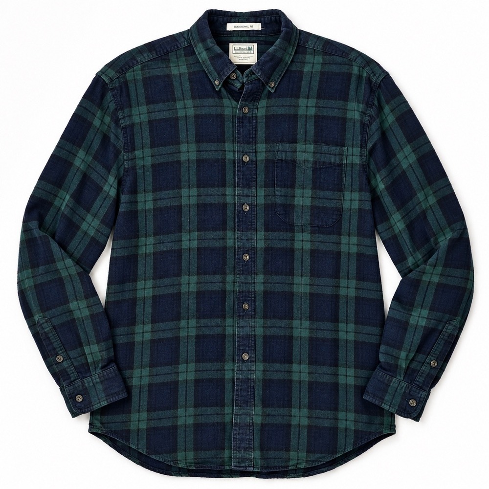 LL Bean Flannel Shirt Mens L Green Black Watch Tartan Plaid Long Sleeve 228061
